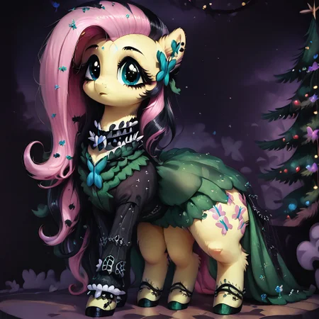score_9, score_8_up, score_7_up, score_6_up, high resolution, hight detailed, intricate detail, detailed, (((feral pony))), solo, fluffy, fur, cute face, cute, wide hips, wide thighs, dark theme, full body, female pony, mare, ((fluttershy)), gothic, ((black streak)), hair over one eye, looking to the viewer, standing, The green dress, blue butterfly solo ((garden)) Christmas tree and lights