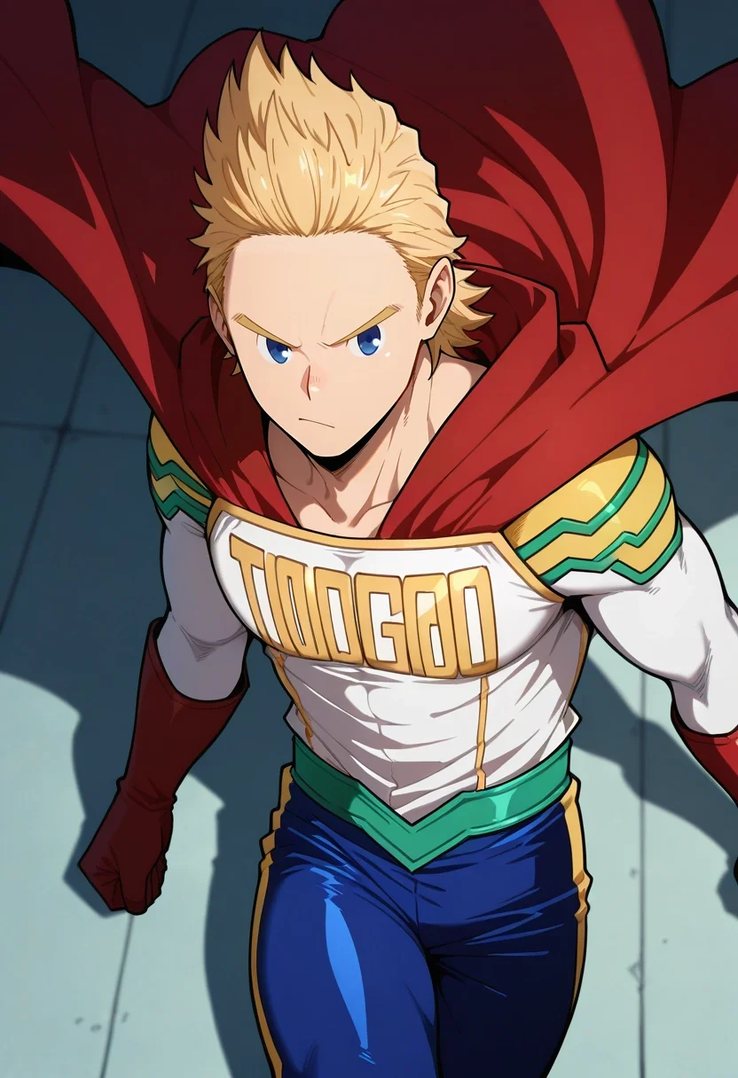 masterpiece, best quality, , , looking at viewer, 1boy, solo, male focus, <lora:mirio_toogata_ilxl:0.98>, mirio_toogata, blonde hair, blue eyes, short hair, spiked hair, bodysuit, superhero, red cape, , button-up shirt,