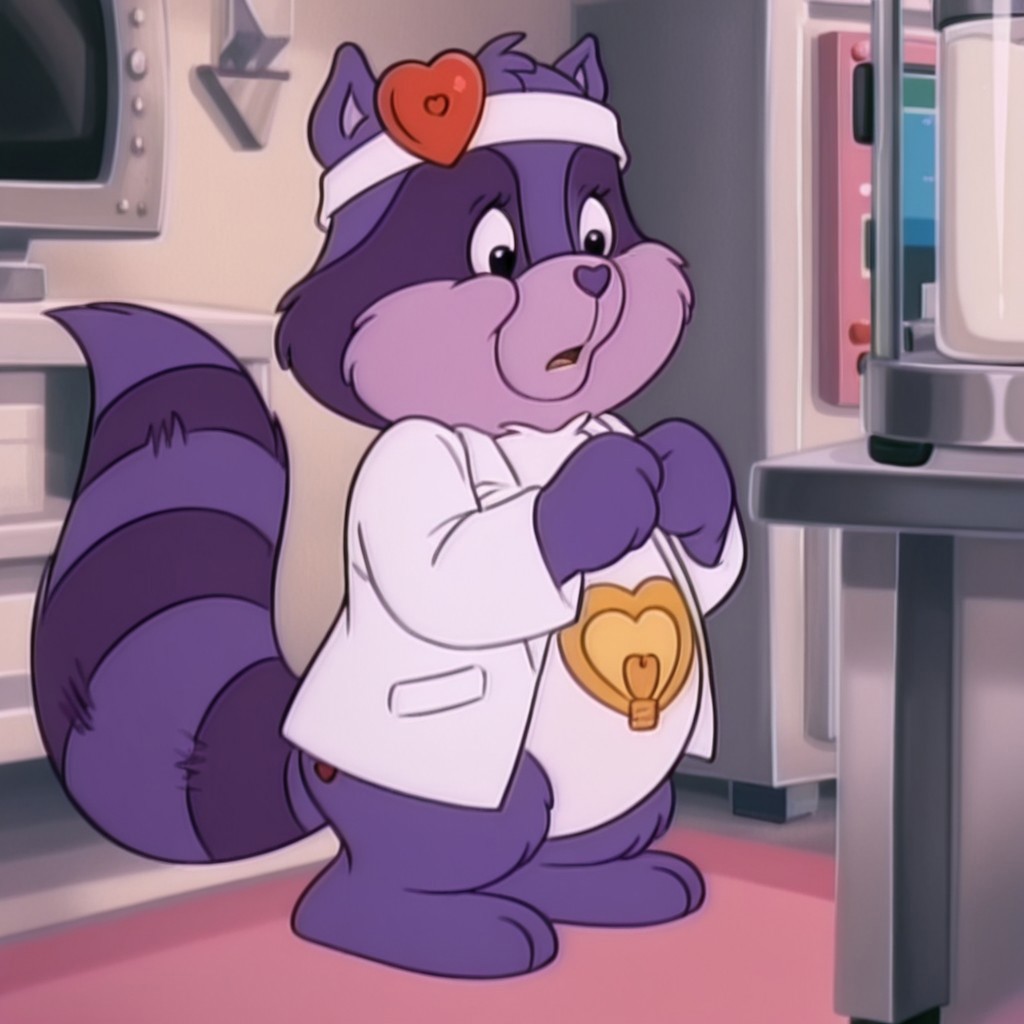masterpiece, best quality, amazing quality,  brighthrtilv2, semi-anthro, male, raccoon_boy, purple fur, black eyes, tail, white lab coat, heart shaped Head mirror, white headband, tummy symbol, standing, in laboratory