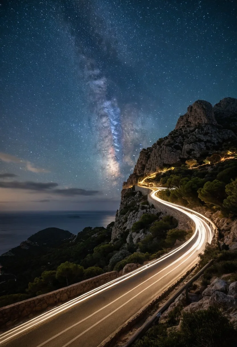 Long exposure photography capturing Formentor lighthouse in Mallorca,
1893 construction with modern car headlights creating snaking trails,
Mediterranean ambiance,
ancient stars adding to the illumination,
low season ambiance with closed road,
year-round accessibility via foot,
bike,
or shuttle,
northernmost cape of Mallorca featuring historical architecture,
summertime congestion prevention,
in natural light,
ultra clear,
dramatic lighting.