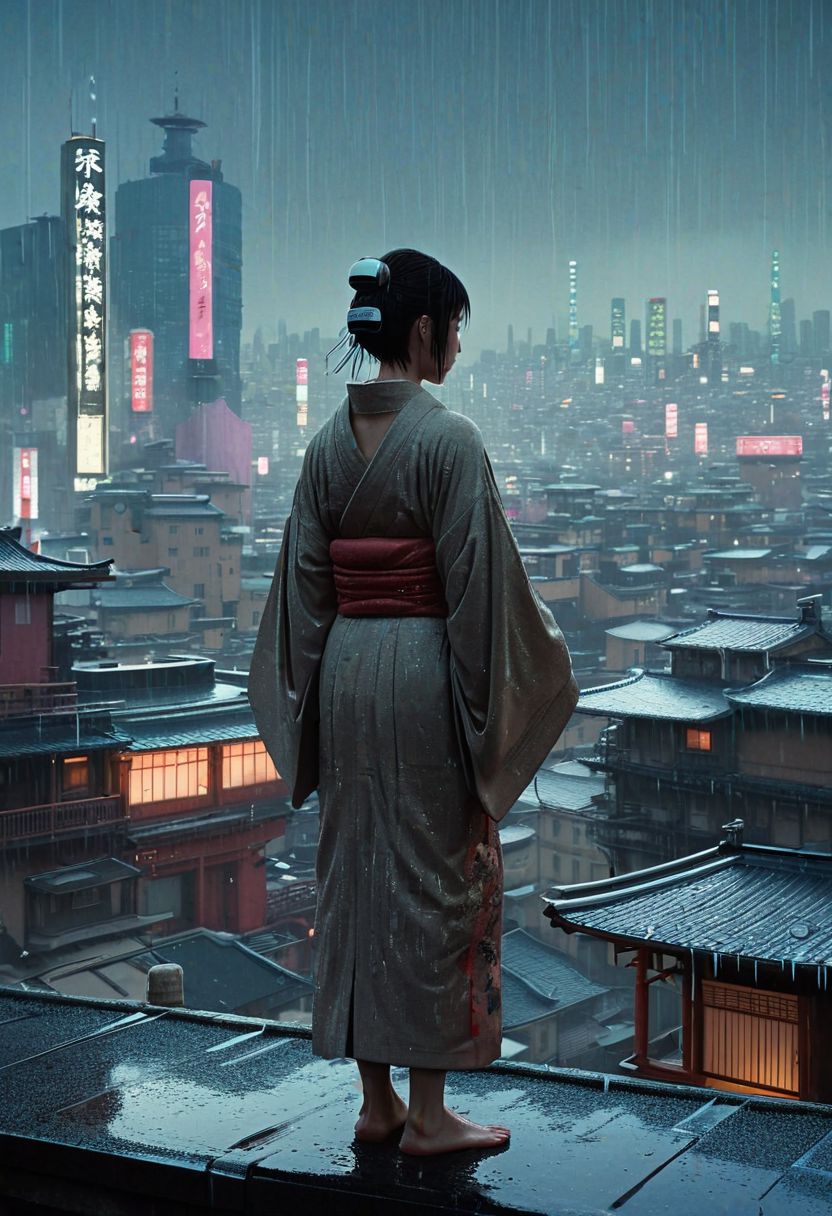 A lone figure, (wearing traditional Japanese clothing:1.2), standing on a rooftop, overlooking a vast cityscape where, (the whimsical Spirited Away bathhouse:1.4) rises amidst, a sprawling cyberpunk cityscape, (inspired by the art of Blade Runner:1.3), (rain-streaked windows:1.1), searchlights illuminating the city, dramatic contrast between light and shadow