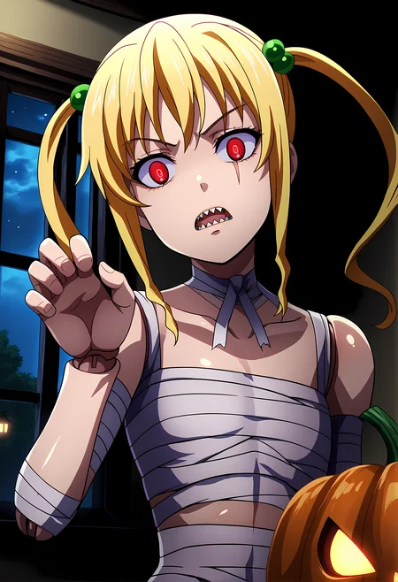 score_9, score_6_up, source_anime,
ohwx, 1girl, solo, blonde_hair, twintails, long_hair, zettai_ryouiki, hair_ornament, hair_bobbles,
mummy costume, bandages, halloween costume, bandaged arm, zombie pose, bandage on face, doll joints,
horror \(theme\), scar, scar on face, blank stare, staring, red eyes, glowing eyes, shiny skin, facing viewer, looking at viewer, head tilt, sharp teeth, pumpkin,
night, window, window fog,
from above, upper body, close-up, dutch angle,
<lora:himegami_kodama_pony_ss:1> <lora:mummy-costume-ponyxl-lora-nochekaiser:1> <lora:doll_joints_v0.1-pony:1>