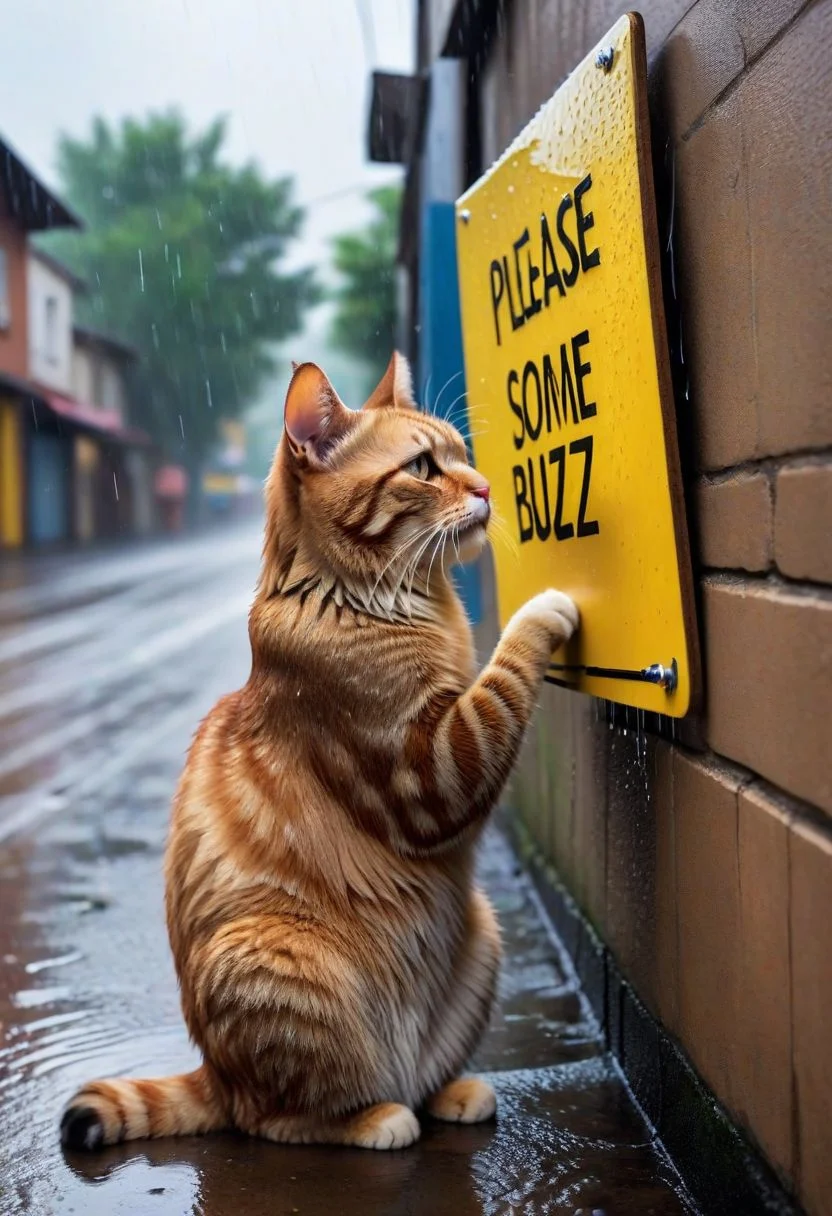 "Please drop some buzz", "Please drop some buzz", "Please drop some buzz", cat, board, text, big board with text,("Please drop some buzz":1.4), outdoors, poor, wall, (wet fur:1.1),(sad, tears from eyes), (crying:1.5), street, by wall holding board on his paws, (from above), low angle, 8k, ultra detailed, cinematic, rain, close-up