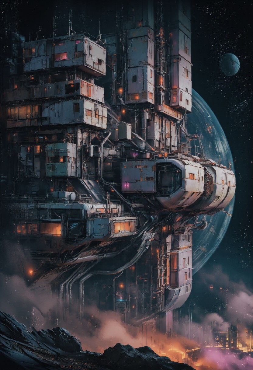 retro scan of a faded vintage 80s sci-fi ethereal scene. Towering above the Earth, massive floating structures rise high into orbit, their forms ghostly and blurred as if viewed through the worn lens of an old scanner. These round, sci-fi residential blocks sprawl like chaotic webs, riddled with exposed cables, dimly glowing panels, and densely packed windows that flicker faintly with pastel neon hues. The buildings are a mix of sleek, retro-futuristic technology and weathered neglect, some surfaces gleaming with polished metals while others show patchwork repairs of rusted, mismatched materials. Pipes and conduits twist across their facades, while clusters of satellite dishes and broken antennas protrude at odd angles.
printed on faded 80s sci-fi book artwork, its colors washed out and grainy. The dark expanse of space looms ominously in the background, punctuated by faint traces of spectral neon gradients blending into lo-fi pastel blues, pinks, and oranges. Between the floating blocks, strands of illuminated cables stretch like glowing spiderwebs, their light dim and uneven, evoking a nostalgic sense of a once-thriving, now-forgotten future.
its ethereal light barely illuminating the sprawling structures. The fusion of decayed, futuristic architecture and the melancholy beauty of dark space creates an atmosphere of haunting serenity, like a forgotten dream of humanity's grand ambitions, now faded into the haze of time.
