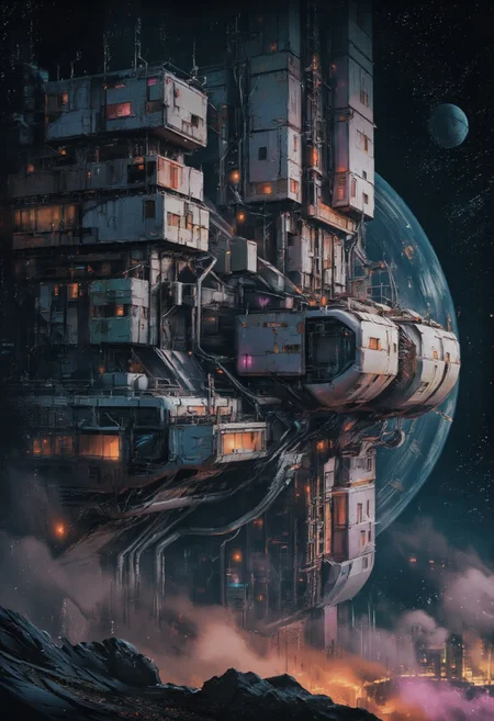 retro scan of a faded vintage 80s sci-fi ethereal scene. Towering above the Earth, massive floating structures rise high into orbit, their forms ghostly and blurred as if viewed through the worn lens of an old scanner. These round, sci-fi residential blocks sprawl like chaotic webs, riddled with exposed cables, dimly glowing panels, and densely packed windows that flicker faintly with pastel neon hues. The buildings are a mix of sleek, retro-futuristic technology and weathered neglect, some surfaces gleaming with polished metals while others show patchwork repairs of rusted, mismatched materials. Pipes and conduits twist across their facades, while clusters of satellite dishes and broken antennas protrude at odd angles.
printed on faded 80s sci-fi book artwork, its colors washed out and grainy. The dark expanse of space looms ominously in the background, punctuated by faint traces of spectral neon gradients blending into lo-fi pastel blues, pinks, and oranges. Between the floating blocks, strands of illuminated cables stretch like glowing spiderwebs, their light dim and uneven, evoking a nostalgic sense of a once-thriving, now-forgotten future.
its ethereal light barely illuminating the sprawling structures. The fusion of decayed, futuristic architecture and the melancholy beauty of dark space creates an atmosphere of haunting serenity, like a forgotten dream of humanity's grand ambitions, now faded into the haze of time.