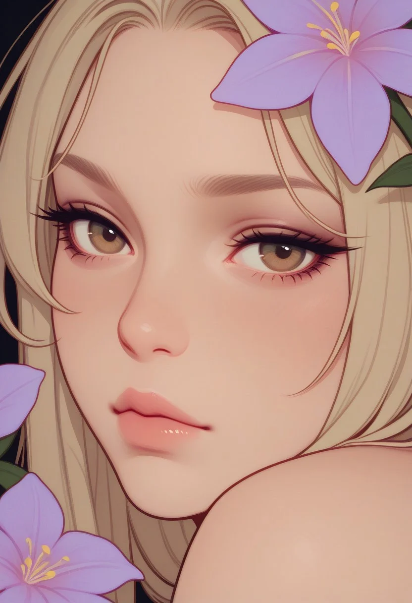 HDR, 8K, masterpiece, best quality, amazing quality, very aesthetic, realistic, newest, (artist:incase:0.5), (artist:tsuaii:1), (flat colors:2), haiz_ai, no lineart, no outline,
solo, 1girl, long hair, plant, flower, looking at viewer