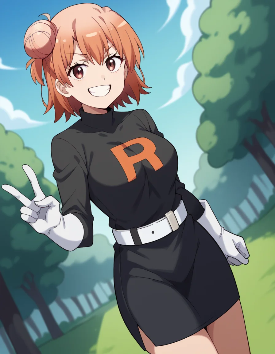score_9, score_8_up, score_7_up, source_anime, <lora:yui-yuigahama-s2s3-ponyxl-lora-nochekaiser:1>, yui yuigahama, short hair, brown eyes, orange hair, hair bun, single hair bun, large breasts,, <lora:team-rocket-uniform-ponyxl-lora-nochekaiser:1>, team rocket uniform, black hat, black shirt, black skirt, white belt, white gloves, single letter,, smile, smug, v, outdoors,, cowboy shot, dutch angle, looking at viewer,