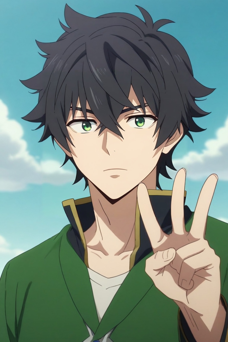 score_9, score_8_up, score_7_up, source_anime, rating_safe, , anime screencap, , official style, looking at viewer, , 1boy, solo, male focus, <lora:naofumi_iwatani_pony:0.92>, naofumi_iwatani, black hair, green eyes, short hair, hair between eyes, bangs, profile, prairie, day, clouds, v, peace sign, :\3, , <lora:sdxl_lightning_8step_lora:1>