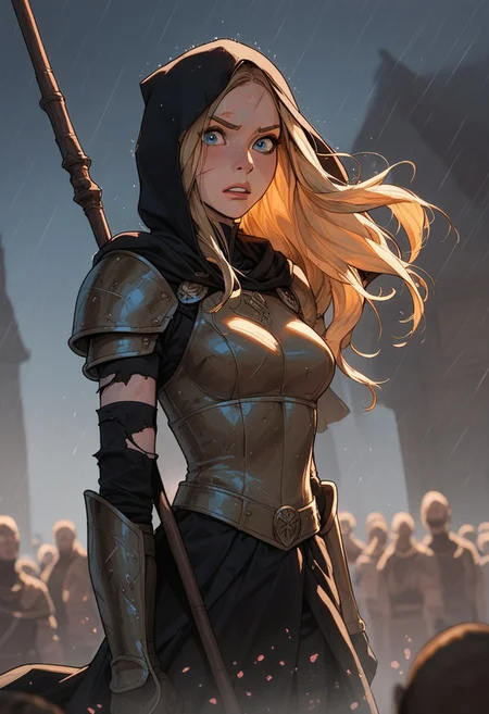 (score_9, score_8_up, score_7_up). (line work, excellent drawing, highest quality, extremely detailed:1.2). solo, 1girl, 24 year old woman, Battle Cleric, saint, vestal, hood, armor, religious, medium breasts, glossy lips, long lashes, blue eyes, blonde hair, innocent, cute face, pale skin, soft skin, scared, determined, injured, slut face, (holding a staff), nympho, horseriding skirt, fantasy, dnd, g0thicPXL, romantic, source_cartoon, depth of field, medium distance, cowboy_shot, semirealistic, dynamic angle, side view, in profile, dark background, raining, torn clothes, muddy clothes, fighting pose, fighting stance, crowd in background, surrounded by enemies,