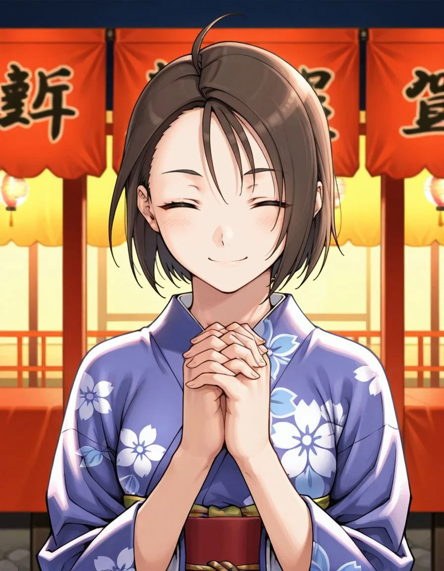 masterpiece, best quality, <lora:Akira_Kazama_Rival_Schools_-_IL:1>, kazama akira, 1girl, blush, smile, short hair, brown hair, ahoge, kimono, own hands together, interlocked fingers, own hands clasped, upper body, (solo:1.2), japanese festival background, closed eyes,