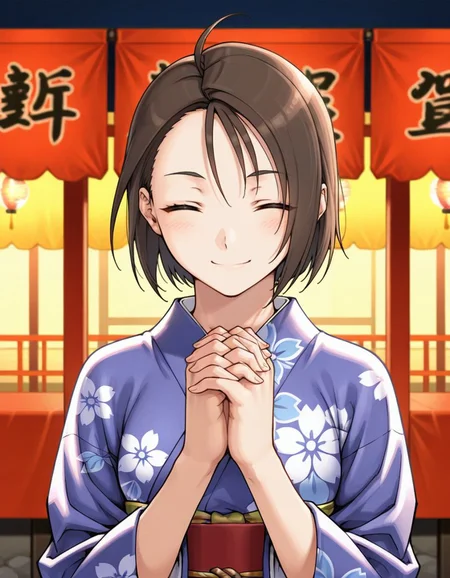 masterpiece, best quality, <lora:Akira_Kazama_Rival_Schools_-_IL:1>, kazama akira, 1girl, blush, smile, short hair, brown hair, ahoge, kimono, own hands together, interlocked fingers, own hands clasped, upper body, (solo:1.2), japanese festival background, closed eyes,