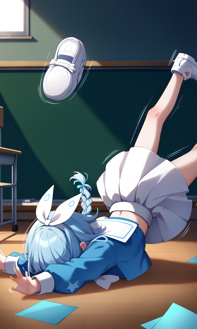 score_9, score_8_up, score_7_up, source_anime, masterpiece,ultra-detailed CG illustration, (best quality, high detailed, ultra-detailed face,ultra-detailed hair),
arona \(blue archive\),  blue hair, braid, bow hairband, halo:1.3, white sailor collar, white skirt, white sneakers, faceless, ((motion lines:1.1,^^^:1.5)),
floating blue colored papers:1.2,
faceplant, falling, on floor, tripping, outstretched arms:1.2, arms up, from side, (head focus:1.3), upper body:1.2, dutch angle, on floor, legs apart, spread legs, blurry background:1.2, indoors, daylight, classroom,
<lora:arona_blue archive_PONY_last:0.9>
<lora:faceplant_pony_v1.0d:0.9>
<lora:sinfully_stylish_PONY_0.2:0.4> sinfully ,
<lora:age_slider_v4:-4>