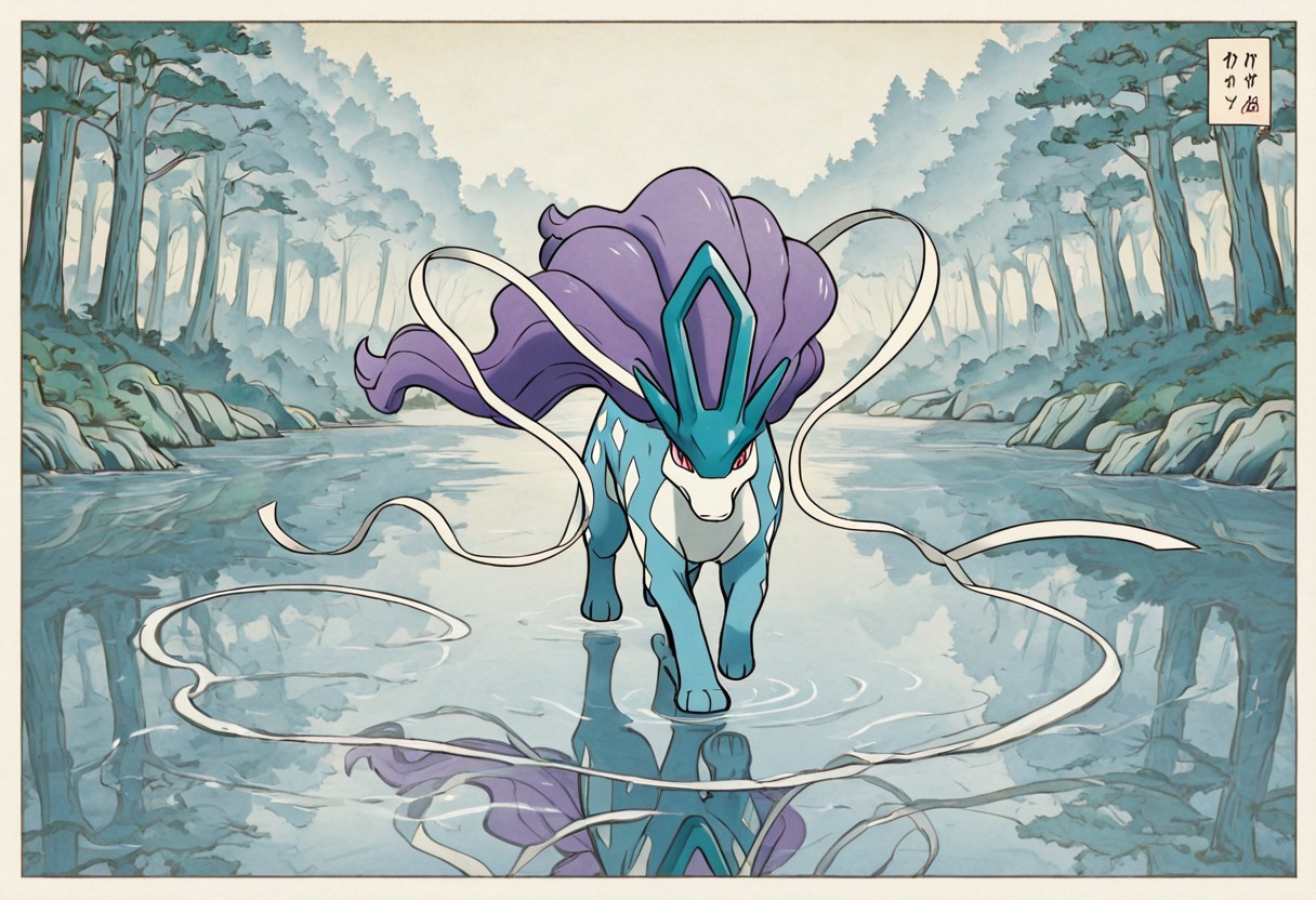 pokemon (creature), suicune, style, thick lines, outline, no humans, legendary beast, flowing mane, crystal clear water, misty forest, running pose, elegant, reflection in lake, ribbons trailing, dawn light, solo, serenity