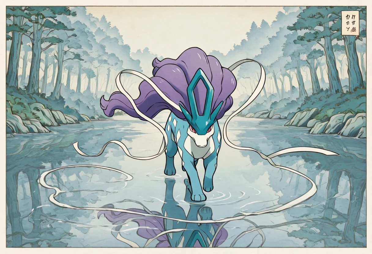pokemon (creature), suicune, style, thick lines, outline, no humans, legendary beast, flowing mane, crystal clear water, misty forest, running pose, elegant, reflection in lake, ribbons trailing, dawn light, solo, serenity