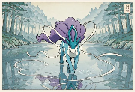 pokemon (creature), suicune, style, thick lines, outline, no humans, legendary beast, flowing mane, crystal clear water, misty forest, running pose, elegant, reflection in lake, ribbons trailing, dawn light, solo, serenity