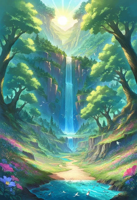 prefect lighting,very aesthetic,prefect hands,best quality,
intricate details,((highly detailed background)),(masterpiece:0.9),high quality, masterpiece,best quality,ultra-detailed, st_landscape, scenery, road, fantasy, flowers, meadows, birds, sun, forest, trees, beautiful, day, sea, waterfall, colored, light, cliffs