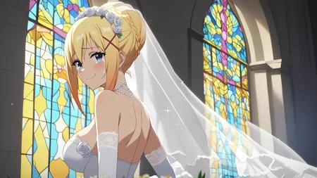score_9,score_8_up,score_7_up,source_anime,source_hentai,1girl,best quality,2d,(hyper detailed:1.25),intricate,(insane fine details:1.1),very thin waist,medium breasts,slim body,(8k, masterpiece, best quality, ultra-detailed),(an extremely delicate and beautiful girl),cinematic lighting,Intricate,High Detail,Sharp focus,dramatic,highres,absurdres,
1girl,breasts,solo,looking at viewer,huge breasts,large breasts,darkness \(konosuba\),blush,smile,
darkness (konosuba),wedding gown,slim,<lora:modern_anime_screencap_v1_0:1>,anime screencap,bridal veil,wedding hairstyle,bridal hairstyle,church background,tears,bridal gauntlets,lace trimmed wedding gown,looking at viewer,back,from hehind,looking back,looking at viewer,tears of joy,romantic,close-up,sparkle background,