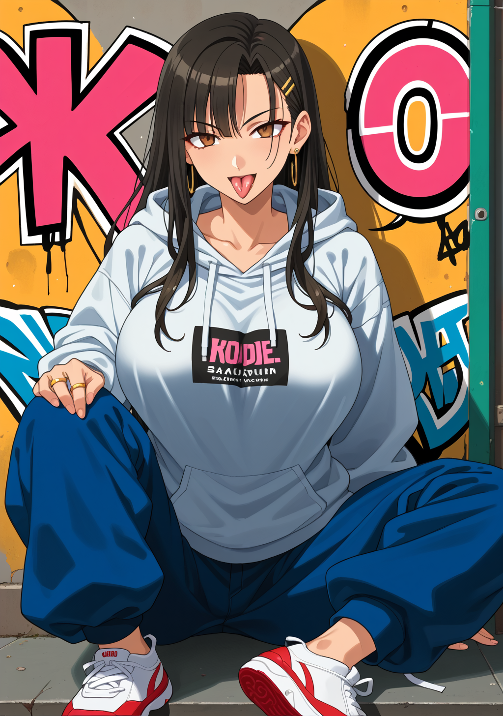 score_9, score_8_up, score_7_up, source_anime,high detail, detailed face,1girl,huge breasts,ikeda, long hair,brown eyes, black hair,<lora:ikeda:0.8>,hoodie,rapper,baggy clothes,hoodie,baggy pants,sneakers,gold ring,accessories,depth of field,PONYXL_GraffitiWall_ownwaifu,graffiti, against wall,sitting,proud,Naughty,tongue piercing,tongue out,<lora:PONYXL_GraffitiWall_ownwaifu:0.8>