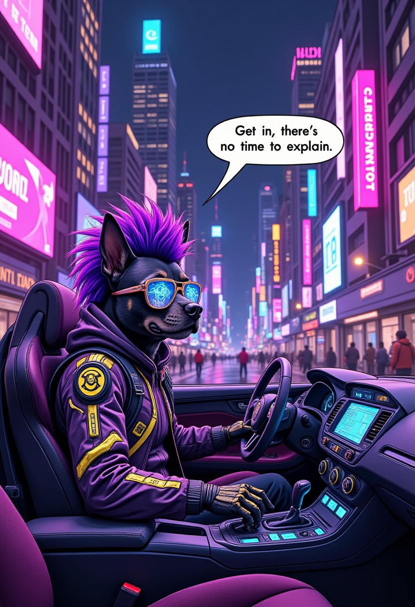 Recypu style, A stylish dog with a bold purple mohawk hairstyle sits confidently in the driver's seat of a sleek, futuristic car, parked in the bustling center of a neon-lit cyberpunk city. The dog wears glowing cyberpunk glasses with dynamic holographic patterns and a high-tech jacket featuring neon accents and metallic textures. The car's interior is illuminated by ambient lights from the dashboard, showcasing cutting-edge controls and glowing interfaces. Outside, the city is alive with towering skyscrapers, holographic advertisements, and a kaleidoscope of neon signs in vibrant purples, blues, and pinks. Pedestrians and robots move through the scene, adding to the futuristic, urban vibe. a speech bubble with his statement, "get in, there's no time to explain"
