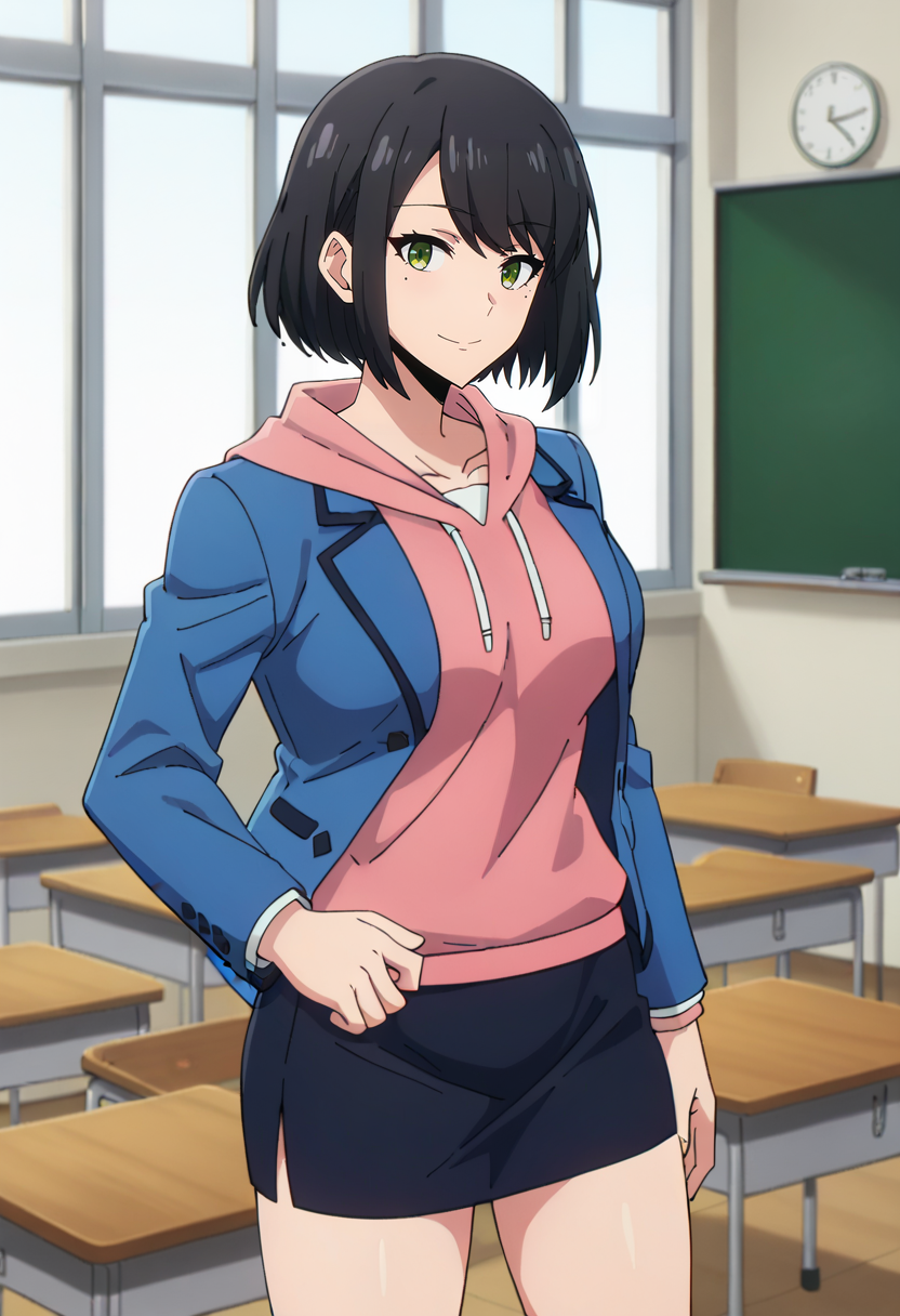 score_9, score_8_up, score_7_up,
<lora:SoloLeveling_HanSong-YiXL:0.8>, HanSongYiSL, 
1girl, solo, closed mouth, light smile,
black hair, medium hair, green eyes, mole under eye,
SongYiSchool, school uniform, blue blazer, pink hoodie, pencil skirt, black skirt,
standing, looking at the viewer, thigh gap,
indoors, classroom