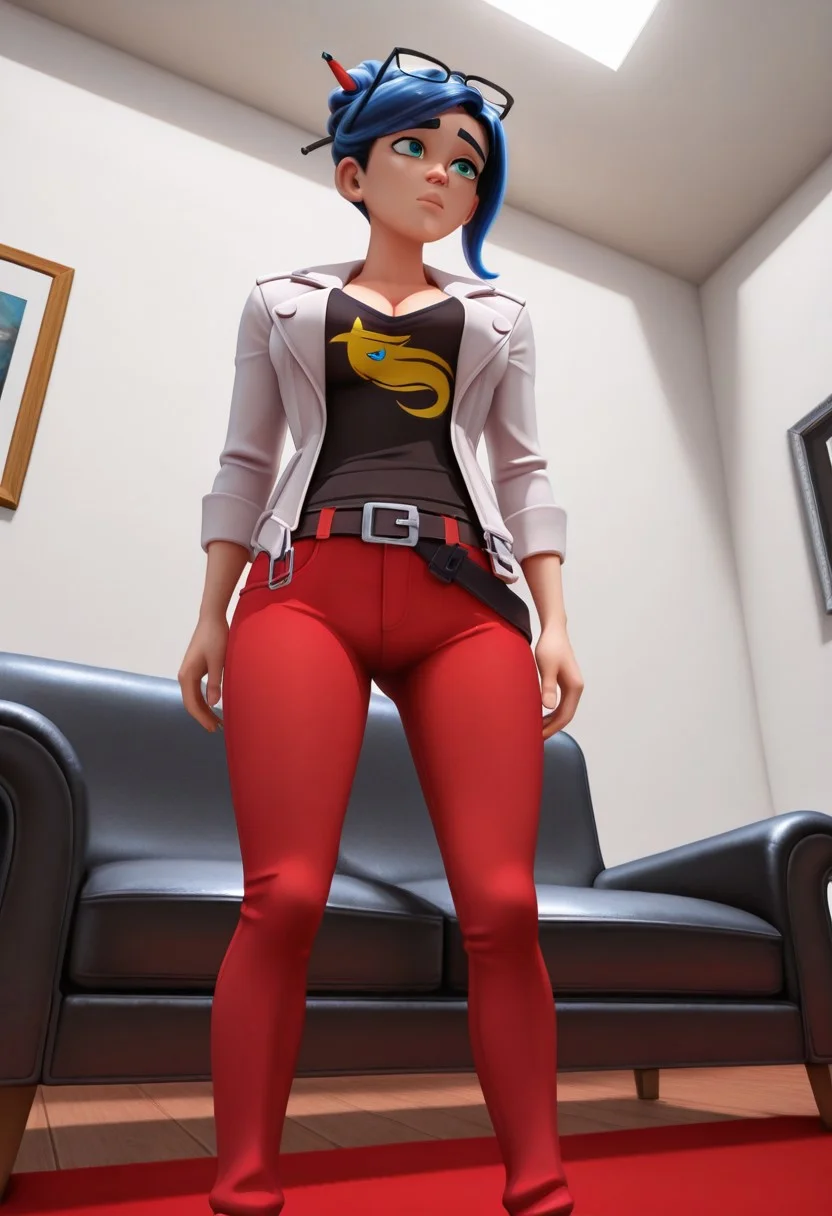 solo, MelissaBaker, cyan eyes, blue hair, hair bun, pen in hair, glasses on head, belted jacket, low cut shirt, red pants, belt, large breasts, standing, from below, indoor living, white wall, brown floor, white light, black couch, red circular carpet