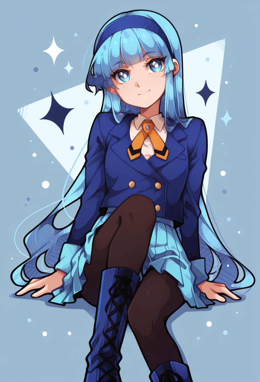 masterpiece, best quality, high quality, anime, solo, 
 <lora:AEUmiIlx:1>
AEUmiDef, blue eyes, blue hair, blunt bangs, long hair, blue hairband, school uniform, blazer, blue jacket, long sleeves, collared shirt, orange ribbon, white shirt, blue skirt, pleated skirt, black pantyhose, blue footwear, boots,
 light smile, <lora:AESTYLES:1.35> white pupils, blue background, sitting,