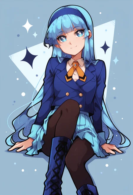 masterpiece, best quality, high quality, anime, solo,
<lora:AEUmiIlx:1>
AEUmiDef, blue eyes, blue hair, blunt bangs, long hair, blue hairband, school uniform, blazer, blue jacket, long sleeves, collared shirt, orange ribbon, white shirt, blue skirt, pleated skirt, black pantyhose, blue footwear, boots,
light smile, <lora:AESTYLES:1.35> white pupils, blue background, sitting,