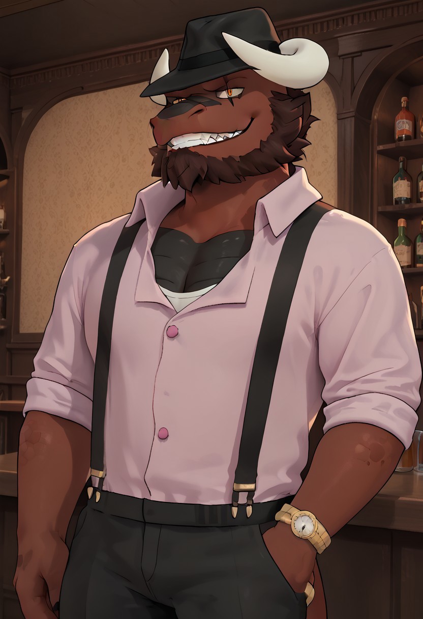 score_9, score_8_up, score_7_up, ((Memphisvn)), dragon, full black scaly chest body, black pants with suspenders, light pink dress shirt, solo, 1boy, extremely expressive, hand on fedora, sinister smile teeth, bedroom eyes, in bar, dark lighting, black fedora, hi res, detailed eyes, eyes focus, big iris, 4k perfect eyes, perfect face, 5fingers, best artwork, highly detailed