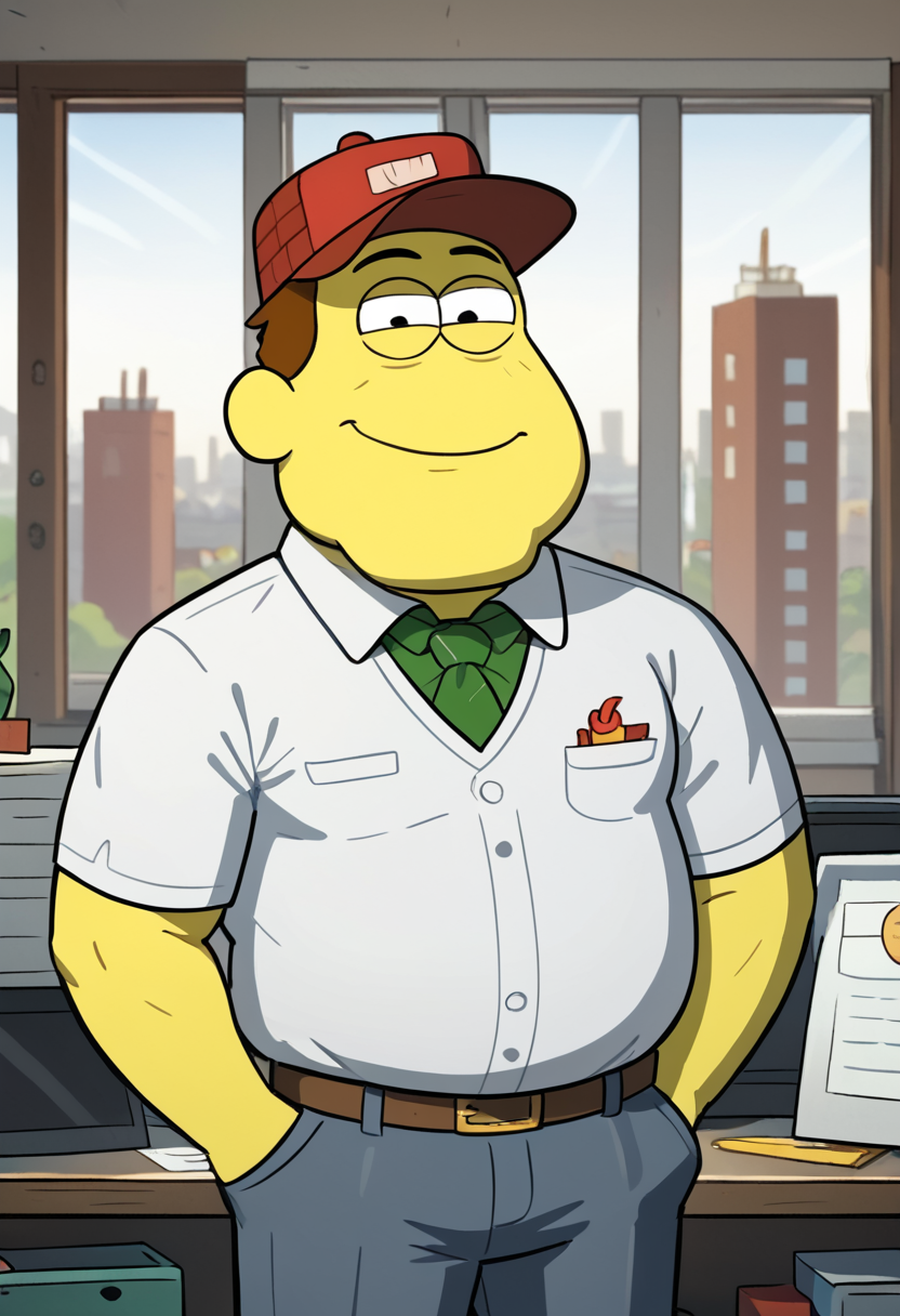 score_9, score_8_up, score_8,     <lora:Request_Bill_Green_Big_City_Greens_for_PonyXL:0.8> 1boy, b1ll, male focus, yellow skin, shirt, hat, solo, office, professional, window,