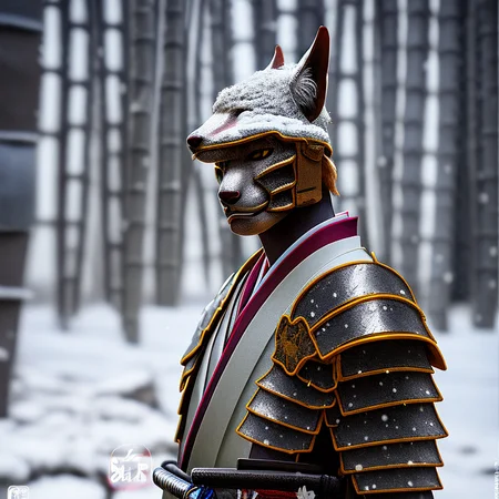 furry, fox_boy, japanese_armor, katana, 1boy, bamboo_forest, snow, snowing, animal_head,robe, outdoors, portrait, photofied
