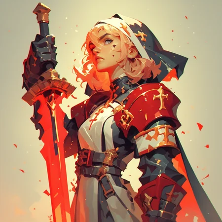score_9, score_8_up, score_8_up, Battle nun, Black and gold color theme, holding a red sword