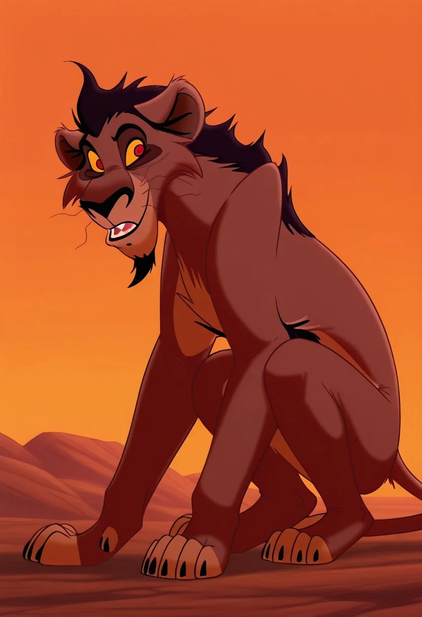 dark circles around eyes, red eyes, male, black hair, orange sclera, Nuka, Lion, brown body, furry, skinny body, full body