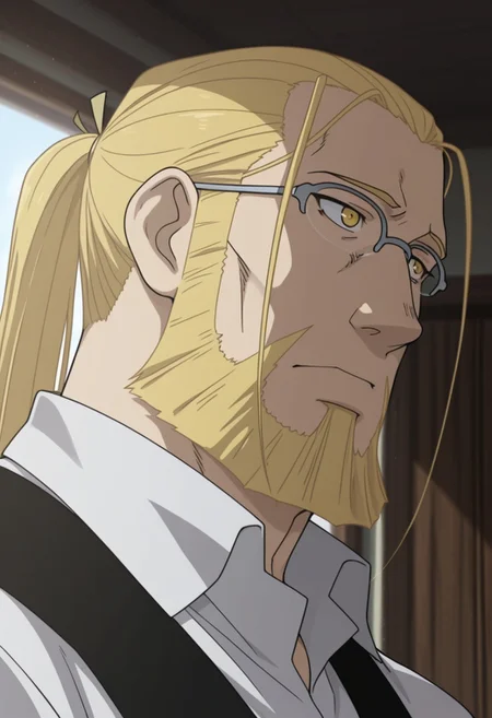 van hohenheim, beard, long hair, ponytail, yellow eyes,glasses,
masterpiece,best quality,amazing quality,newest,