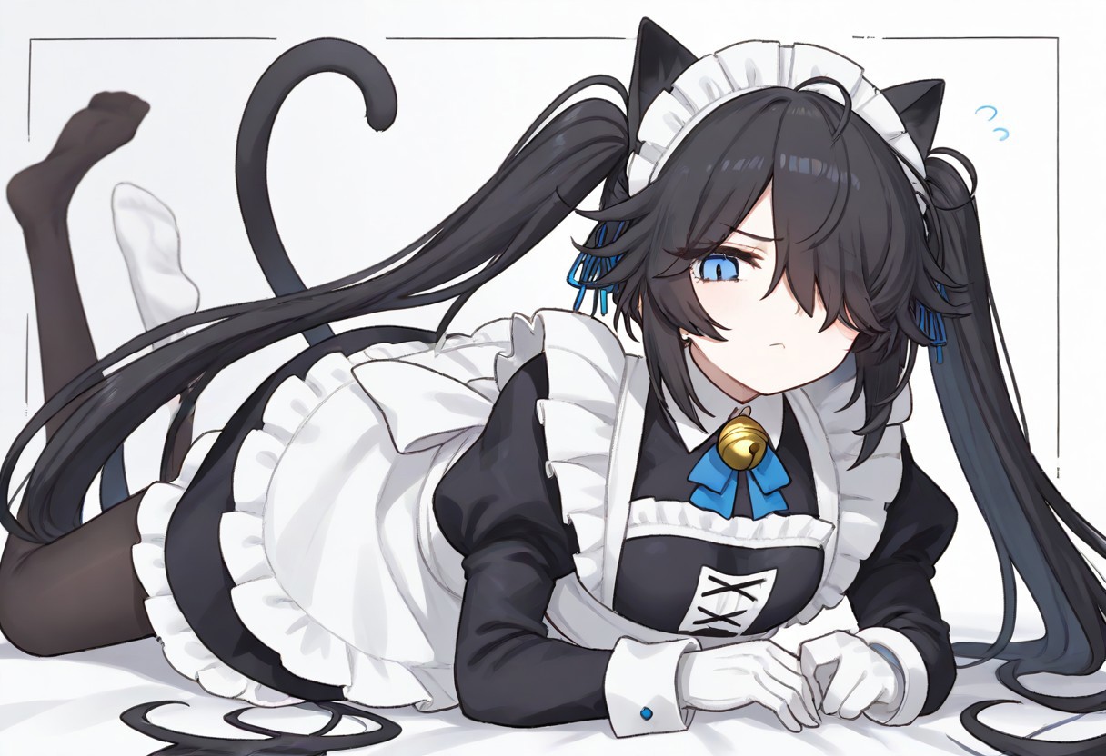 (Maid-kasli), solo, white gloves, dress, hair over one eye, maid apron, blue eyes, twintails, cat ears, maid headdress, maid, gloves, 1girl, apron, juliet sleeves, long sleeves, long hair, black hair, animal ears, bell,(Fall down),