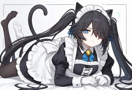 (Maid-kasli), solo, white gloves, dress, hair over one eye, maid apron, blue eyes, twintails, cat ears, maid headdress, maid, gloves, 1girl, apron, juliet sleeves, long sleeves, long hair, black hair, animal ears, bell,(Fall down),
