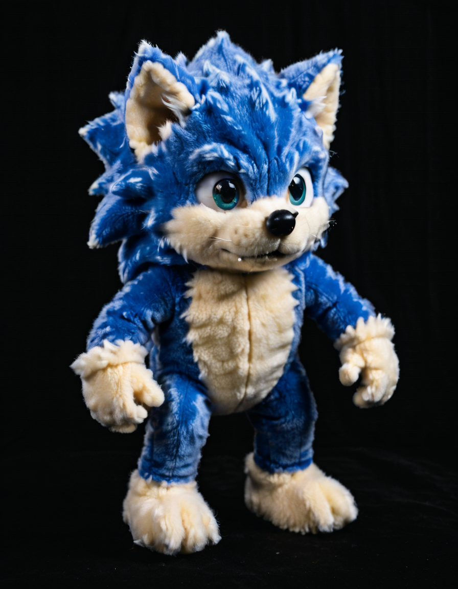 a Fuzzy fleece sonic the hedgehog against a black background