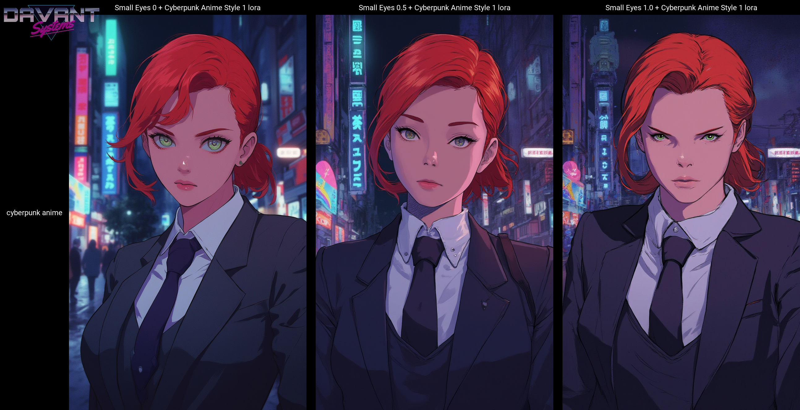 mature woman wearing a suit and tie close up portrait photo , red hair, green eyes, closeup on facecyberpunk anime  city at night, comic illustration<lora:Flux\mine\smalleyes.safetensors:1.0:1.0> <lora:Flux\CPA.safetensors:1.0:1.0>