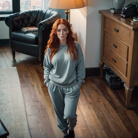 (best quality), (masterpiece), ultra-detailed, illustration, a scene involving one ((tiny, shrunken):1.2), voluptuous woman, 30 year old, looking at viewer, wearing huge baggy loose sweatshirt and huge loose baggy pants, wearing socks, (shrunken woman standing next to desk and lamp and coffee cup), living room, couch, sofa, lamp, curtains, wood floors, coffee table, side table, windows, apartment, dynamic light, long braided red hair, scottish face, tanned skin, freckles, 8k uhd, dslr, soft lighting, high quality, film grain, Fujifilm XT3, sharp focus, F/8.0,frowning face, <lora:shrunk_xl_v11:1>