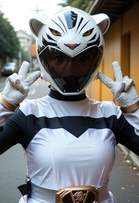 score_9, score_8_up, score_7_up, score_6_up, 1girl, white tiger ssentai helmet, black visor, white ssentai bodysuit, medium breasts, gloves, peace sign pose, silver ssentai belt, upper body, portrait, in the street, looking at viewer, Style-DoF, hands