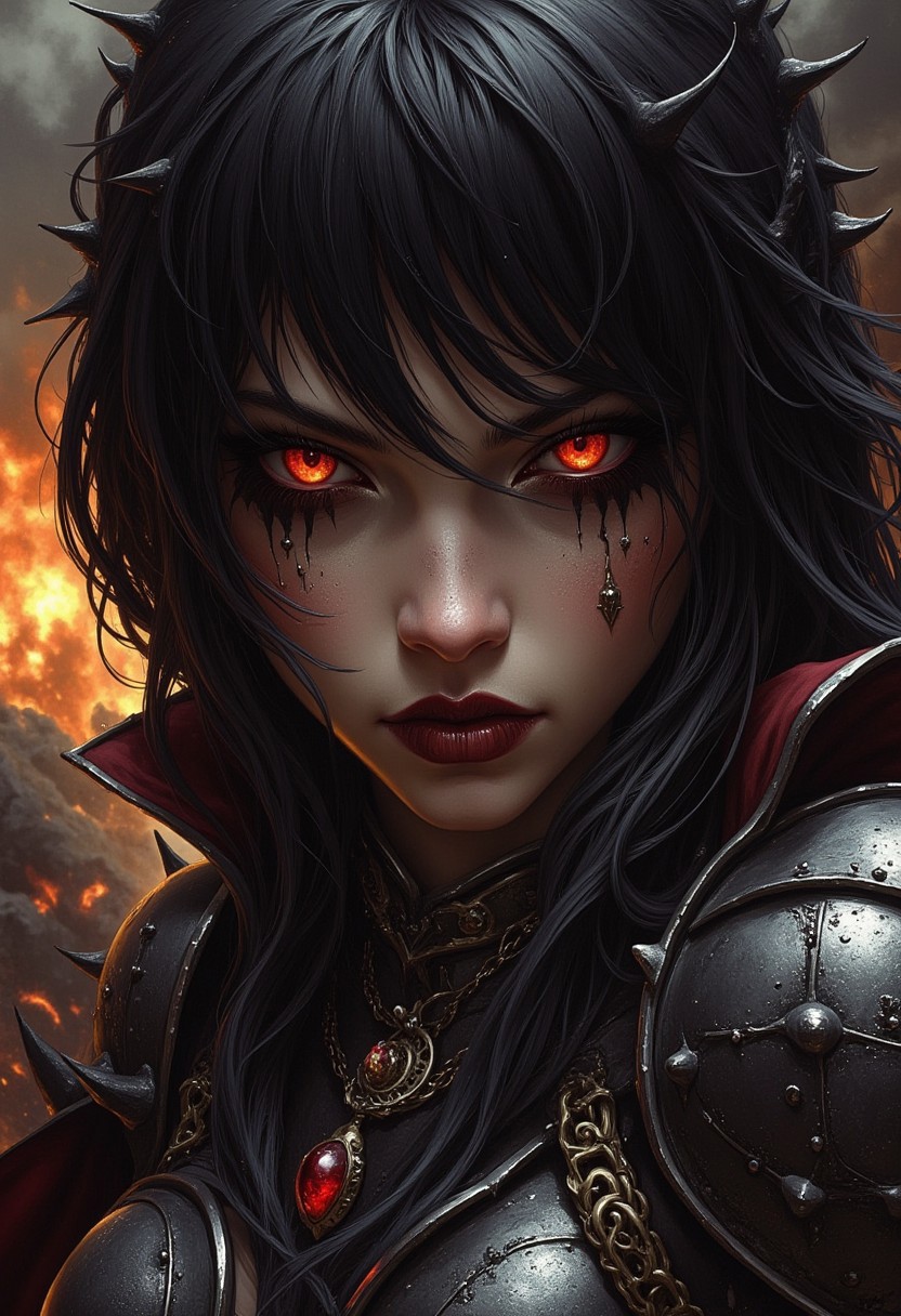 ArsMJStyle, dnddarkestfantasy, a stunning female hellknight, spiky armour, no helmet, glowing eyes, dark hair, bangs, dark eyeshadow, thin red lips, extreme closeup portrait, volcanic background