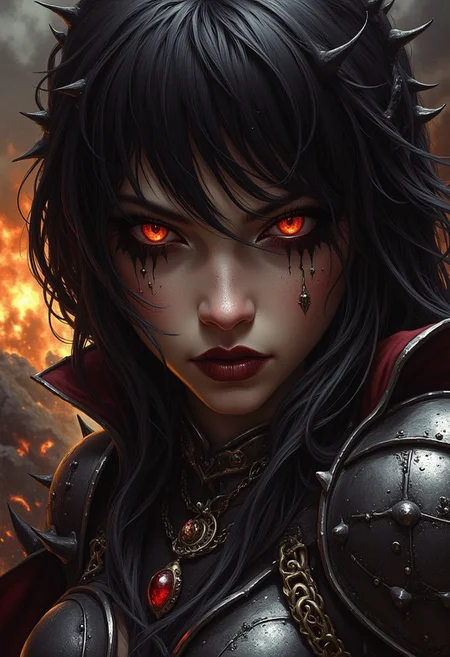 ArsMJStyle, dnddarkestfantasy, a stunning female hellknight, spiky armour, no helmet, glowing eyes, dark hair, bangs, dark eyeshadow, thin red lips, extreme closeup portrait, volcanic background