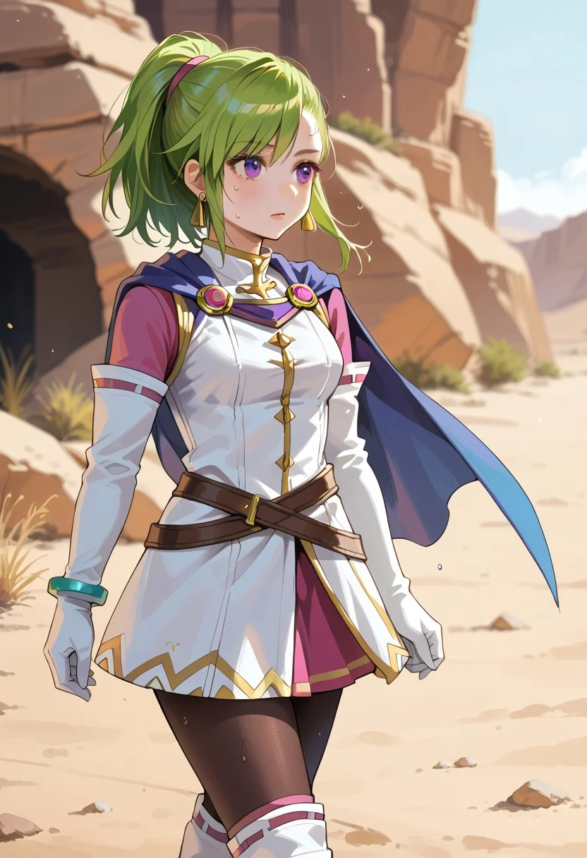 score_8, score_8_up, score_7_up, 1girl, solo, female focus,  solo, Karis_GS, green hair, ponytail, bangs, asymmetrical hair, sidelocks, purple eyes, triangle earrings,capelet, blue capelet, small breasts, mandarin collar, coat, white coat, open coat, ribbon trim, gold trim, undershirt, pink shirt, pink sleeves, crossed belts, miniskirt, pink skirt, white gloves, elbow gloves, bracelet, black pantyhose, white boots, knee boots, standing, (from side:0.5), panting, outdoors, desert, sweat, sweating, exhausted, walking, (leaning forward:0.5), fanning self, rating_safe