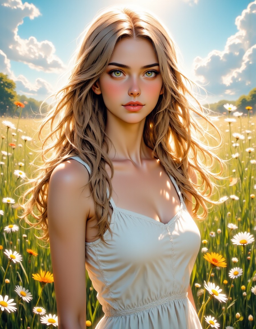 Beautiful young woman with flowing golden hair, ethereal white dress, standing in a sunlit meadow of wildflowers, soft afternoon light, dreamy atmosphere, inspired by Pre-Raphaelite paintings, Art Nouveau style, and works of John William Waterhouse, delicate facial features, serene expression, photorealistic details, high-quality digital art, vibrant colors, cinematic composition. mythp0rt, aidmaMJ6.1, ne0nfant4sy, 1girl, perfectly flat chest, tiny perky tits