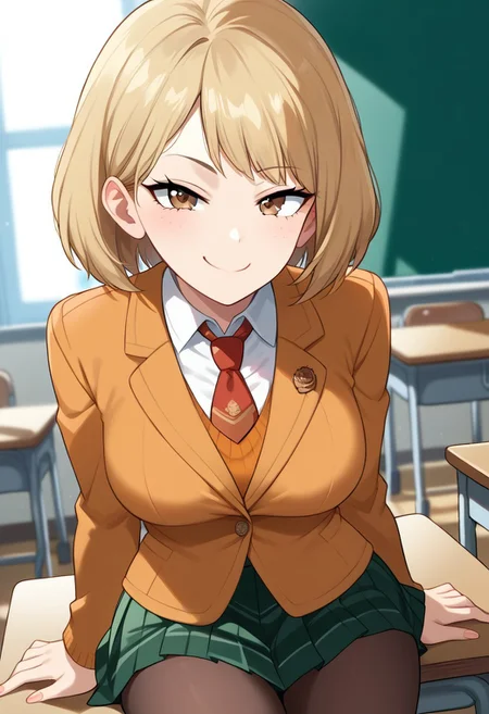 Expressiveh, score_9, score_8_up, score_7_up, source_anime, <lora:GreatM8_Style_XL_Pony_Revision:1>, greatm8 style, Ashley Graham, freckles, 1girl, solo, smirk, expressive eyes, brown eyes, short hair, blonde hair, bob cut, u.a. school uniform, green skirt, pleated skirt, blazer, red necktie, collared shirt, black pantyhose, medium breasts, slim body, (sexy pose), (indoors, classroom, dynamic light)