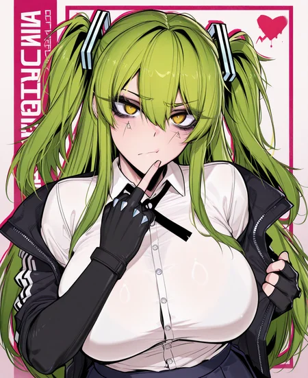 <lora:ace_glitch-000023:1> ace_glitch,
(masterpiece), (best quality), (ultra-detailed), amazing quality, very aesthetic, illustration, perfect composition, intricate details, absurdres, incredibly absurdres, shiny skin, realistic,
ace_glitch, 1girl, green hair, gloves, solo, yellow eyes, fingerless gloves, long hair, breasts, heart, character name, black gloves, looking at viewer, twintails, skirt, large breasts, shirt, jacket, middle finger, closed mouth, white shirt, hair between eyes, two side up, school uniform, sensitive
