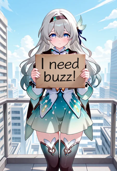 masterpiece,best quality,amazing quality, need_buzz, holding sign, 1girl, firefly_\(honkai:_star_rail\), White city, on roof, blue sky