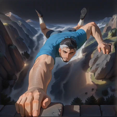 <lora:SOS_Climbing:1>SOSCLB,climbing, floating hair,scenery, from above,
facial hair, beard, very short hair, <lora:face_Artist6p-10:.55>, Artist6p, Artist04p, facial hair, beard, black hair, blue eyes, blonde hair, white hair, 
cowboy shot, aixiwuganda_(20222192), (artist:niichi \(niichi21\):0.5), (artist:jezz mons art:0.8), (artist:my eight:0.8), facial hair, stubble,
muscular male, bara, mature, asian, (hairy, hairy body), short hair, male focus, facial hair, ((polo shirt,))
very awa, masterpiece, best quality, absurdres, newest, perfect quality, detailed background, intricate details,
<lora:slider_Body Type_alpha1.0_rank4_noxattn_last:1><lora:style_Anime Summer Days 2 Style SDXL_LoRA_Pony Diffusion V6 XL:.6><lora:style_Low-Key Lighting Style - pony:.5>, DARK, DARK BACKGROUND, LOW-KEY LIGHTING <lora:slider_cfg_scale_boost:.7>