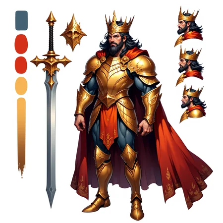 CharacterDesignFLUX,reference sheet,white background,simple background,multiple views, upper body, front, from side, color palette reference, high_detailed, captured in high detail, king man with shining armor and a red cape wears a king's crown, black hair, giant sword, multiple ornaments on the gold armor, magic particles, multiple references