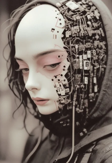 photo in phst artstyle, mechanical parts, wires, cables, cyberpunk, closeup portrait of audrey hepburn with a half robot face, pastel pink/white colored, closeup photo of an wired-cyborg assassin with half robot face wearing a black high collar hooded parka with technical macro writing resembling an qr-code//bar-code on the back, solo, woman, high collar parka, upper body,, female focus, long hair in wind, weapon, clothes writing, japanese flag, crepuscular rays, volumetric lighting, ultra detailed, deep Blacks, very detailed, atmospheric haze, Film grain, cinematic film still, shallow depth of field, highly detailed, high budget, cinemascope, moody, epic, OverallDetail, 2000s vintage RAW photo, photorealistic, candid camera, color graded cinematic, eye catchlights, atmospheric lighting, imperfections, natural, shallow dof