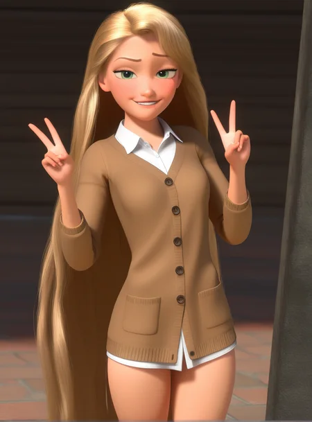 1girl, solo, newest, very long hair, blonde hair, green eyes, 3d, highres, (alternate outfit:1.2) smug smile, thighs, blush, slender, hands up, double v, from front, centered, white collared shirt, (freckles:0.6), (looking at viewer:1.1), cowboy shot, (coat, brown cardigan:1.3), (bare arms, best finished, amazing quality, best quality:1.1), shiny skin, masterpiece, best quality, amazing quality, very aesthetic, absurdres, newest, intricate, very detailed, <lora:Tangled_Rapunzel (1):0.75>